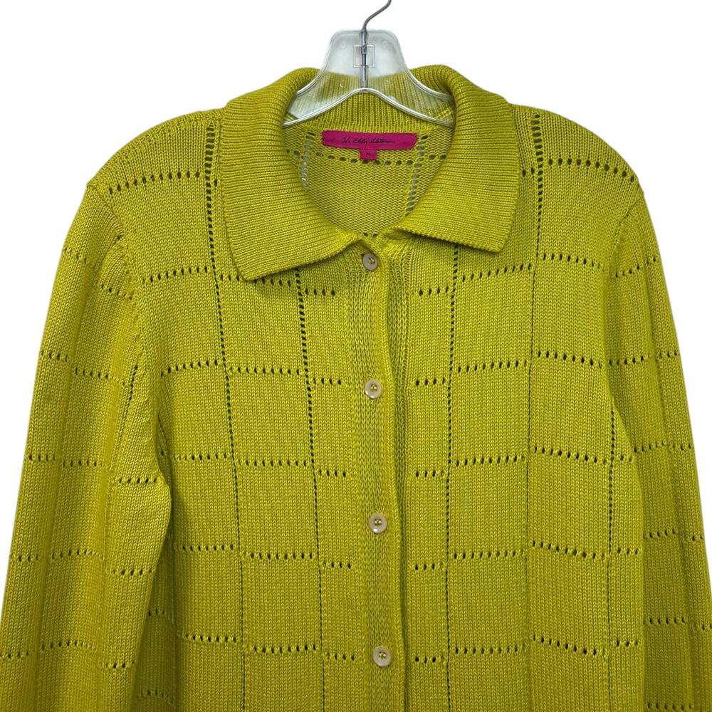 The Elder Statesman Grid Pointelle Cashmere Knit Shirt Chartreuse Yellow Medium - Picture 5 of 9